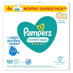 Pampers Sensitive Wipes, 224 Baby Wipes, 4x 56 Wipe Count, 0% Achel & Fragrance, Suitable for Hands & Face – Packaging May Vary