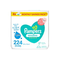 Pampers Sensitive Wipes, 224 Baby Wipes, 4x 56 Wipe Count, 0% Achel & Fragrance, Suitable for Hands & Face – Packaging May Vary