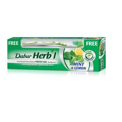 Dabur Herbl Intense Fresh Gel Toothpaste (2 x 150g+Toothbrush) | With Blend of Mint & Lemon | Natural Gel Tooth paste For Fresh Breath | Value Pack