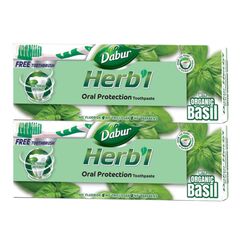Dabur Herbl Basil Oral Protection Toothpaste (2 x 150g + Toothbrush) | Enriched With Basil | Natural Toothpaste For Healthy Gums & Strong Teeth | Value Pack