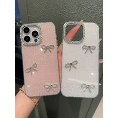 Luxury Pink Bowknot Element Shiny Crystal Rhinestone Fashion Phone Case Luxury Pink Camera Phone Case Compatible With IPhone 16 15 14 13 12 11 Pro Max Plus 3D Glitter Bow Soft Transparent Back Cover W