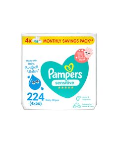 Pampers Sensitive Wipes, 224 Baby Wipes, 4x 56 Wipe Count, 0% Achel & Fragrance, Suitable for Hands & Face – Packaging May Vary