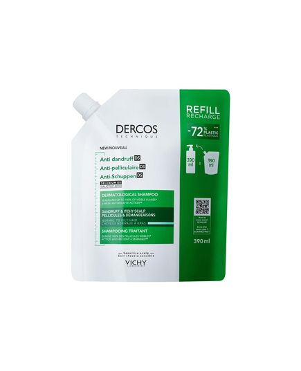 Vichy Dercos Anti-Dandruff Dermatological Shampoo for Normal to Oily Hair, 390 ml Refill Pouch