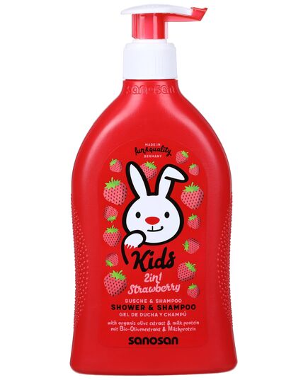 sanosan 2-in-1 Shower & Shampoo Strawberry for Children & Baby, 400 ml, Shower Gel & Hair Shampoo with Organic Olive Extract & Milk Protein, Hair Care, Skin Care, Shower Gel, Hair Shampoo