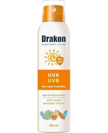 Drakon Sunscreen Lotion Dry touch SPF 50+ UVA,UVB & Blue Light Protection, Water Resistant & Antioxidant for All Skin Types especially for oily & combined Skin - 200 ml