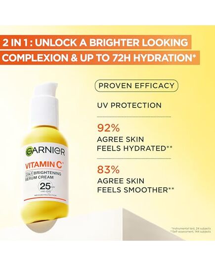 Garnier Vitamin C Serum Cream, 2in1 Formula With 20% Vitamin C serum & SPF 25 Moisturiser, Hydrate & Reveal Bright Glowing Skin, Organic & Vegan Formula, 50ml