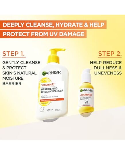 Garnier Vitamin C Serum Cream, 2in1 Formula With 20% Vitamin C serum & SPF 25 Moisturiser, Hydrate & Reveal Bright Glowing Skin, Organic & Vegan Formula, 50ml