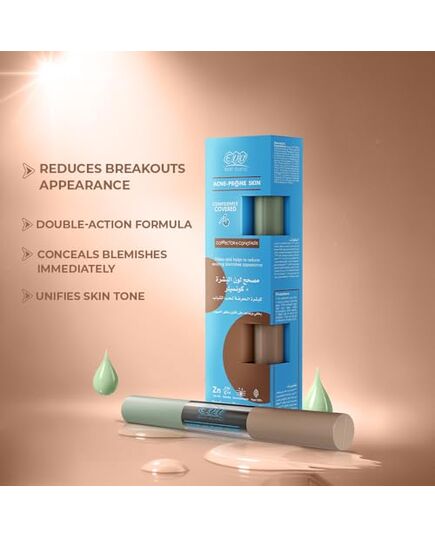 Eva Skin Clinic Acne-Prone Corrector + Concealer for Blemishes, Natural Coverage, Hides Acne & Redness, Reduces Acne Scars, Evens Skin Tone, Acne-Safe, Suitable for Oily Skin, 2 × 6 ML