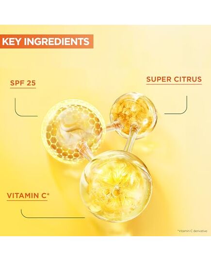 Garnier Vitamin C Serum Cream, 2in1 Formula With 20% Vitamin C serum & SPF 25 Moisturiser, Hydrate & Reveal Bright Glowing Skin, Organic & Vegan Formula, 50ml
