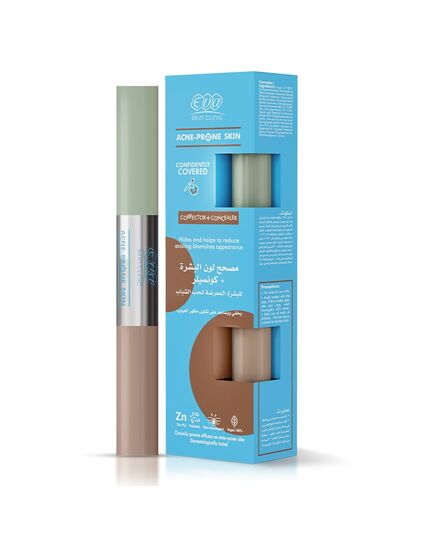 Eva Skin Clinic Acne-Prone Corrector + Concealer for Blemishes, Natural Coverage, Hides Acne & Redness, Reduces Acne Scars, Evens Skin Tone, Acne-Safe, Suitable for Oily Skin, 2 × 6 ML