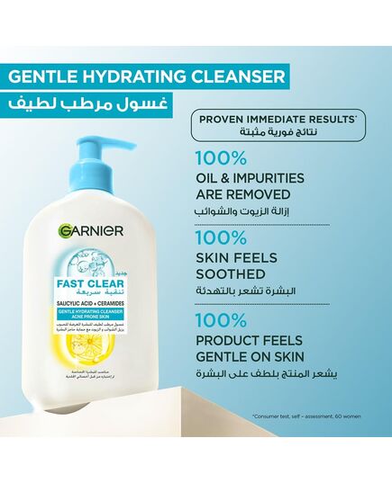 Garnier Fast Clear Gentle Cleanser, Deep Hydrating Face Wash for Acne Prone Skin with Salicylic Acid and Ceramides, Sulphate and Fragrance Free, 250ml