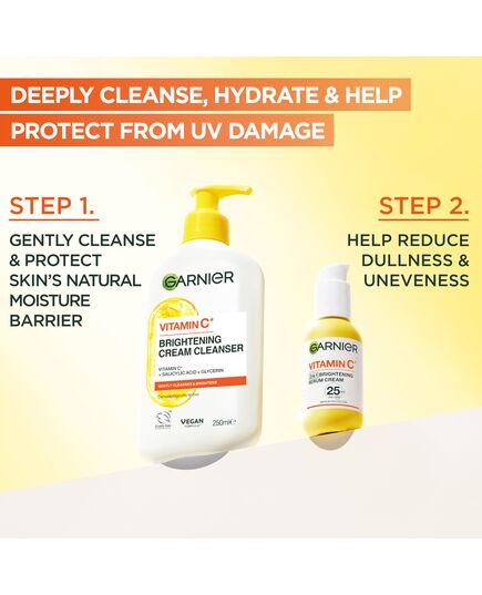 Garnier Vitamin C Serum Cream, 2in1 Formula With 20% Vitamin C serum & SPF 25 Moisturiser, Hydrate & Reveal Bright Glowing Skin, Organic & Vegan Formula, 50ml