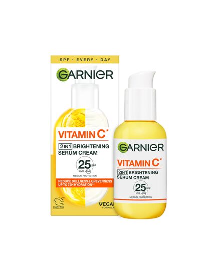 Garnier Vitamin C Serum Cream, 2in1 Formula With 20% Vitamin C serum & SPF 25 Moisturiser, Hydrate & Reveal Bright Glowing Skin, Organic & Vegan Formula, 50ml