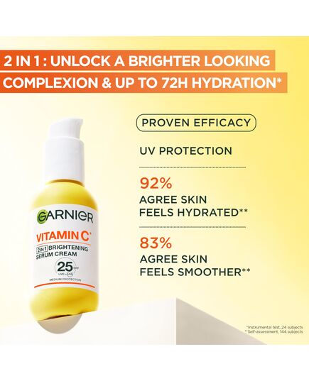 Garnier Vitamin C Serum Cream, 2in1 Formula With 20% Vitamin C serum & SPF 25 Moisturiser, Hydrate & Reveal Bright Glowing Skin, Organic & Vegan Formula, 50ml