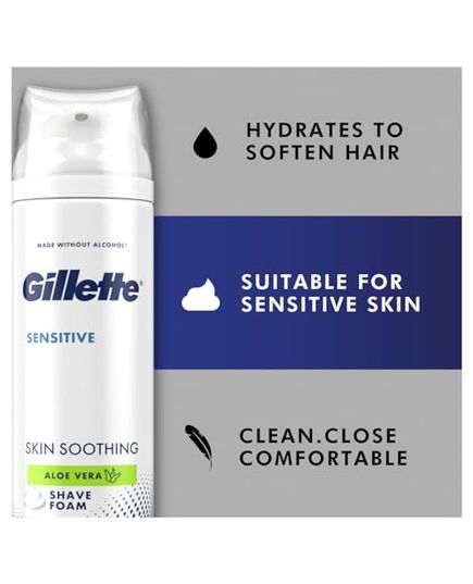 Gillette Shaving Foam for Sensitive Skin with Aloe Vera, 200ml – Hydrating, Protective, and Soothing Formula for Men – Lightly Fragranced, Alcohol-Free, Dermatologist-Tested