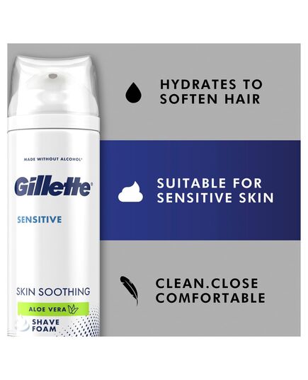 Gillette Shaving Foam for Sensitive Skin with Aloe Vera, 200ml – Hydrating, Protective, and Soothing Formula for Men – Lightly Fragranced, Alcohol-Free, Dermatologist-Tested