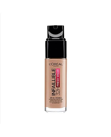 L'Oréal Paris Infallible 32H Fresh Wear Foundation 225 Beige Sand, longwear, weightless feel, transfer-proof and waterproof, full coverage base with Vitamin C, SPF 25