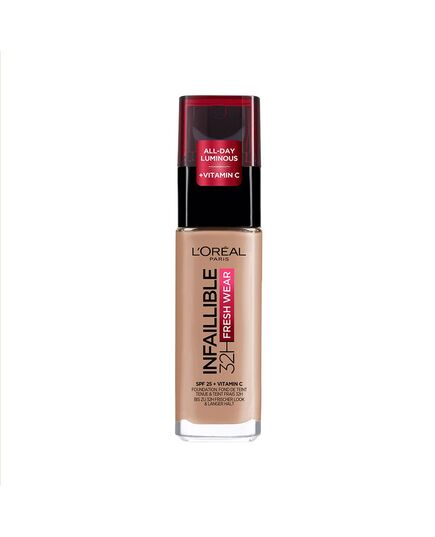 L'Oréal Paris Infallible 32H Fresh Wear Foundation 225 Beige Sand, longwear, weightless feel, transfer-proof and waterproof, full coverage base with Vitamin C, SPF 25