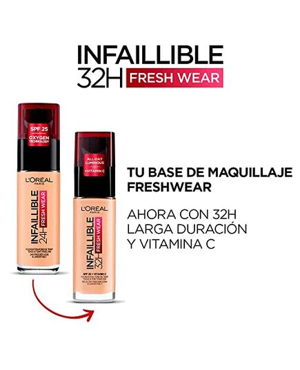 L'Oréal Paris Infallible 32H Fresh Wear Foundation 225 Beige Sand, longwear, weightless feel, transfer-proof and waterproof, full coverage base with Vitamin C, SPF 25