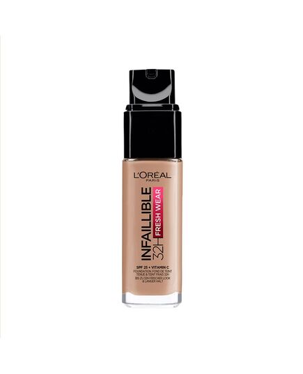 L'Oréal Paris Infallible 32H Fresh Wear Foundation 225 Beige Sand, longwear, weightless feel, transfer-proof and waterproof, full coverage base with Vitamin C, SPF 25