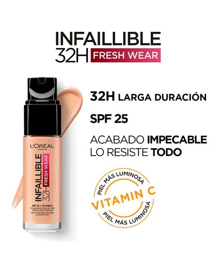 L'Oréal Paris Infallible 32H Fresh Wear Foundation 225 Beige Sand, longwear, weightless feel, transfer-proof and waterproof, full coverage base with Vitamin C, SPF 25