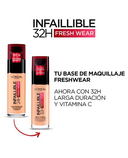 L'Oréal Paris Infallible 32H Fresh Wear Foundation 225 Beige Sand, longwear, weightless feel, transfer-proof and waterproof, full coverage base with Vitamin C, SPF 25
