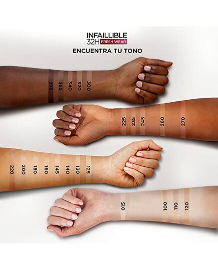 L'Oréal Paris Infallible 32H Fresh Wear Foundation 225 Beige Sand, longwear, weightless feel, transfer-proof and waterproof, full coverage base with Vitamin C, SPF 25