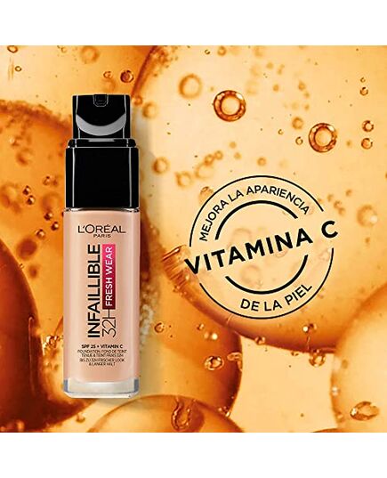 L'Oréal Paris Infallible 32H Fresh Wear Foundation 225 Beige Sand, longwear, weightless feel, transfer-proof and waterproof, full coverage base with Vitamin C, SPF 25