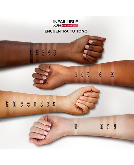 L'Oréal Paris Infallible 32H Fresh Wear Foundation 225 Beige Sand, longwear, weightless feel, transfer-proof and waterproof, full coverage base with Vitamin C, SPF 25