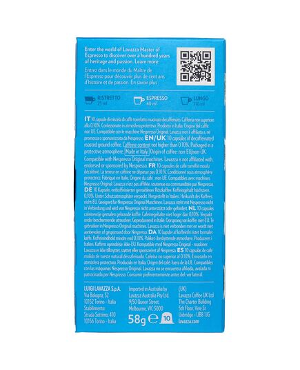 Lavazza Dek Decafinato Compatible Capsules With Nespresso 10 Capsules Blue