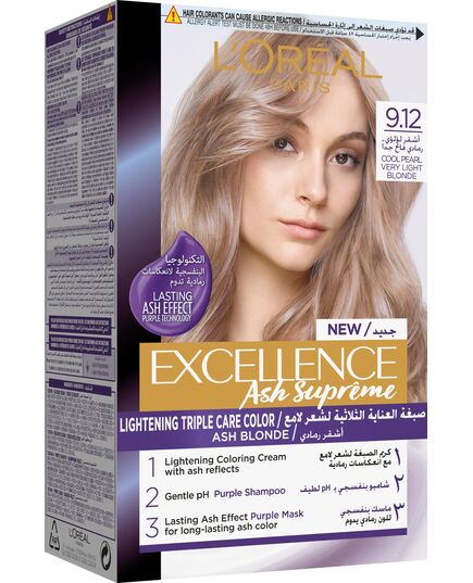 L'Oréal Paris excellence hair dye with purple shampoo and hair mask - 9.12 cool pearl very light blonde