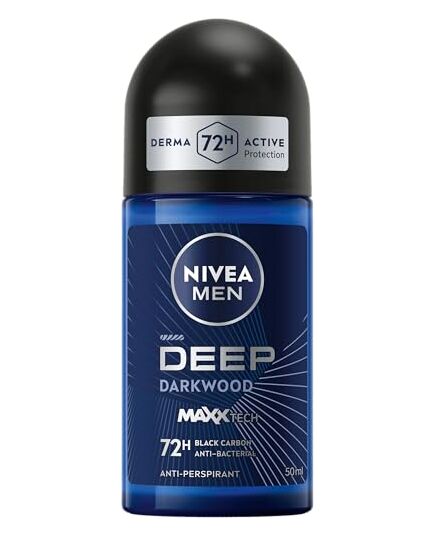 NIVEA MEN Antiperspirant Roll-on for Men, DEEP Black Carbon Antibacterial, Dark Wood Scent, 50ml