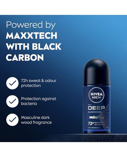 NIVEA MEN Antiperspirant Roll-on for Men, DEEP Black Carbon Antibacterial, Dark Wood Scent, 50ml
