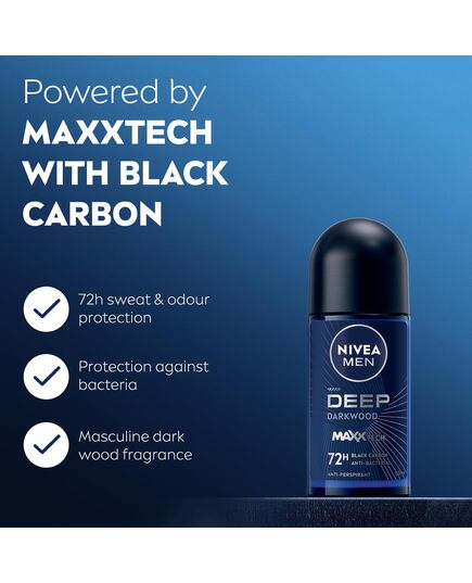 NIVEA MEN Antiperspirant Roll-on for Men, DEEP Black Carbon Antibacterial, Dark Wood Scent, 50ml
