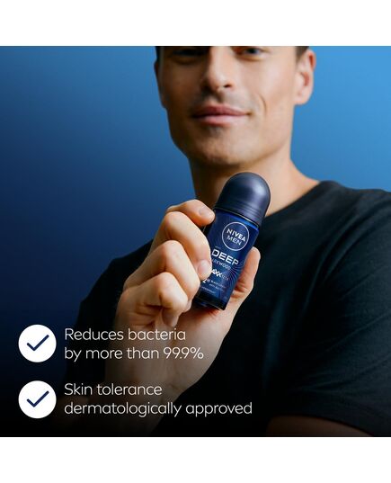 NIVEA MEN Antiperspirant Roll-on for Men, DEEP Black Carbon Antibacterial, Dark Wood Scent, 50ml