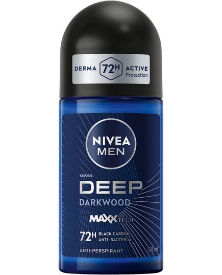 NIVEA MEN Antiperspirant Roll-on for Men, DEEP Black Carbon Antibacterial, Dark Wood Scent, 50ml