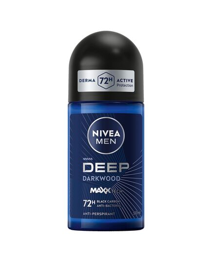 NIVEA MEN Antiperspirant Roll-on for Men, DEEP Black Carbon Antibacterial, Dark Wood Scent, 50ml