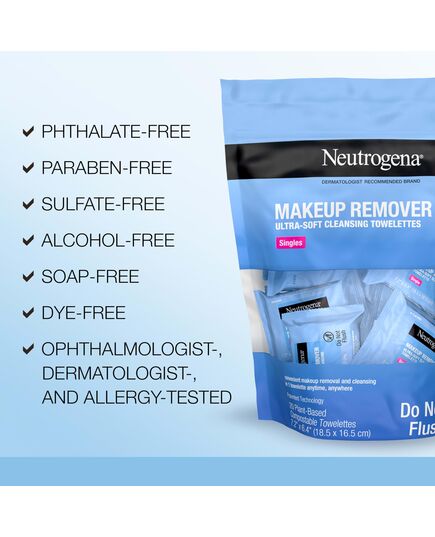 Neutrogena Makeup Remover Cleansing Towelette Singles, Daily Face Wipes To Remove Dirt, Oil, Makeup & Waterproof Mascara, Individually Wrapped, 20 Count