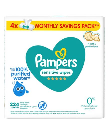 Pampers Sensitive Wipes, 224 Baby Wipes, 4x 56 Wipe Count, 0% Achel & Fragrance, Suitable for Hands & Face – Packaging May Vary