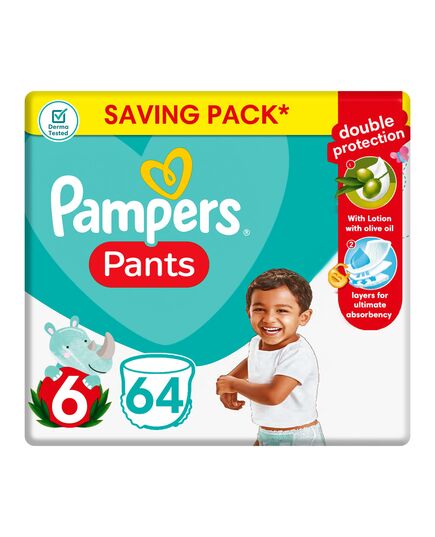 Pampers Diapers Pants, Size 6, above16 KG, with Lotion with Olive Oil, 64 Baby Diapers