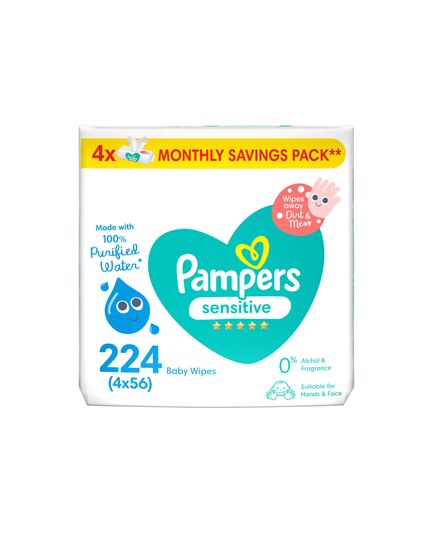 Pampers Sensitive Wipes, 224 Baby Wipes, 4x 56 Wipe Count, 0% Achel & Fragrance, Suitable for Hands & Face – Packaging May Vary
