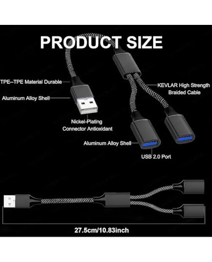 1 PCS USB Splitter Cable 1 IN 2 OUT ，USB 2.0 Male to Dual Female Extension Cord,Double Data+Charger Y Split.