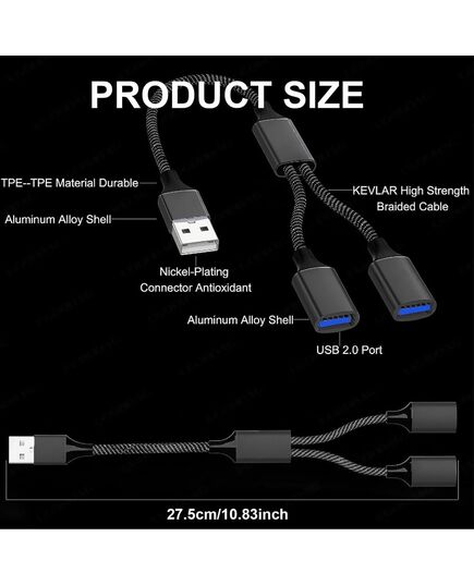 1 PCS USB Splitter Cable 1 IN 2 OUT ，USB 2.0 Male to Dual Female Extension Cord,Double Data+Charger Y Split.