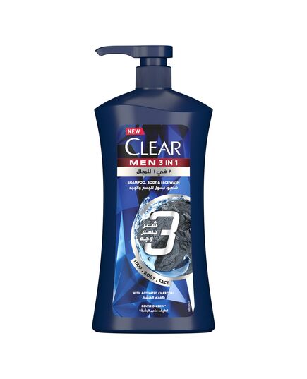 CLEAR MEN Complete Care 3in1 Shampoo, For Hair, Face & Body With Activated Charcoal, for 100% dandruff free hair and moisturized skin, 900ml