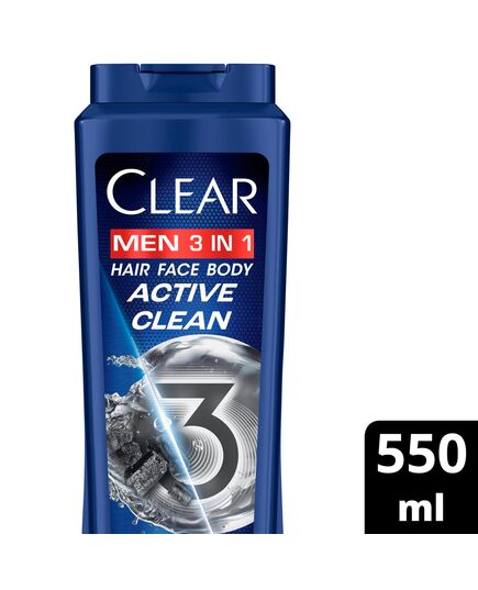 CLEAR Men 3in1 Shampoo for men, anti dandruff shampoo for Hair, Face & Body, Active Clean, 100% dandruff-free scalp, refreshed & moisturized skin, 550ML