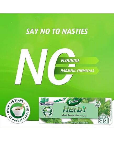 Dabur Herbl Basil Oral Protection Toothpaste (2 x 150g + Toothbrush) | Enriched With Basil | Natural Toothpaste For Healthy Gums & Strong Teeth | Value Pack