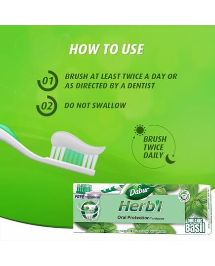 Dabur Herbl Basil Oral Protection Toothpaste (2 x 150g + Toothbrush) | Enriched With Basil | Natural Toothpaste For Healthy Gums & Strong Teeth | Value Pack