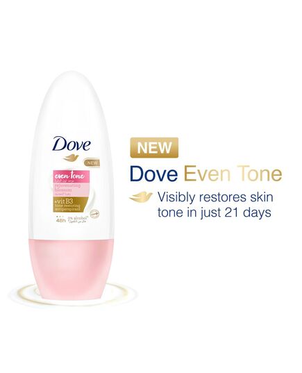 DOVE Even Tone Antiperspirant Deodorant Roll on for Women, Restores underarm skin to its natural tone, Rejuvenating Blossom with Vitamin B3, for 48h sweat & odor protection, 50ml