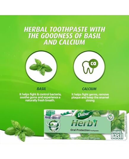 Dabur Herbl Basil Oral Protection Toothpaste (2 x 150g + Toothbrush) | Enriched With Basil | Natural Toothpaste For Healthy Gums & Strong Teeth | Value Pack