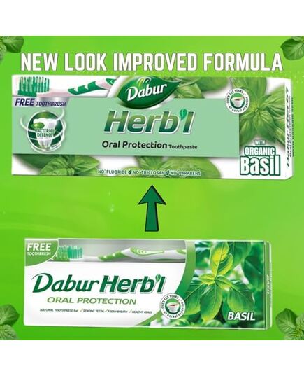 Dabur Herbl Basil Oral Protection Toothpaste (2 x 150g + Toothbrush) | Enriched With Basil | Natural Toothpaste For Healthy Gums & Strong Teeth | Value Pack